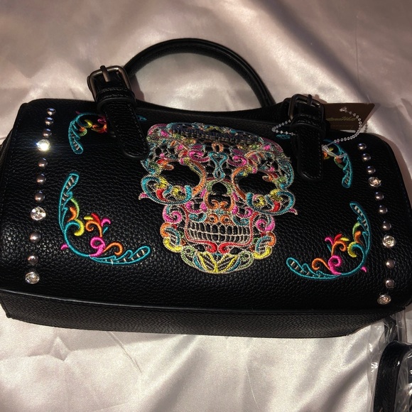 Montana West Handbags - Montana West Black Faux Leather Embroidered Sugar Skull Satchel Crossbody NWT